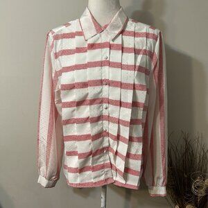 VTG Jonathan Martin Women white Red Striped Button Up Blouse Top Pleated Sz 12